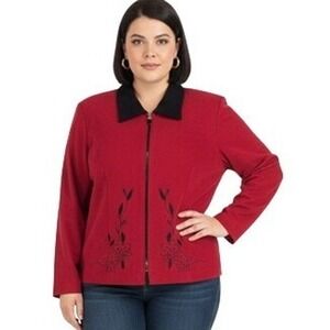 DBY Ltd. Jacket Womens 18W Red Floral‎ Embroidered Zip Front Stretch Lined Plus